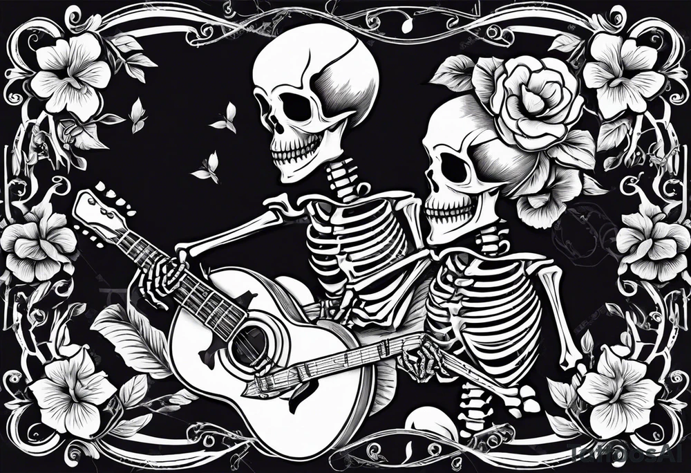 a male and a female skeleton. The male skeleton is playing the guitar. The female skeleton has a hibiscus flower. tattoo idea