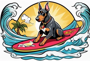 doberman smoking a cigar on a surfboard with a goat with larger horns tattoo idea