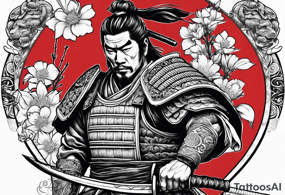 Samurai holding a sword along with flowers within a roman theme tattoo idea