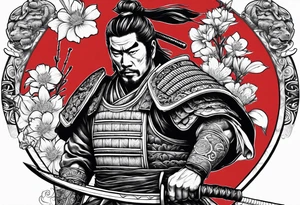 Samurai holding a sword along with flowers within a roman theme tattoo idea