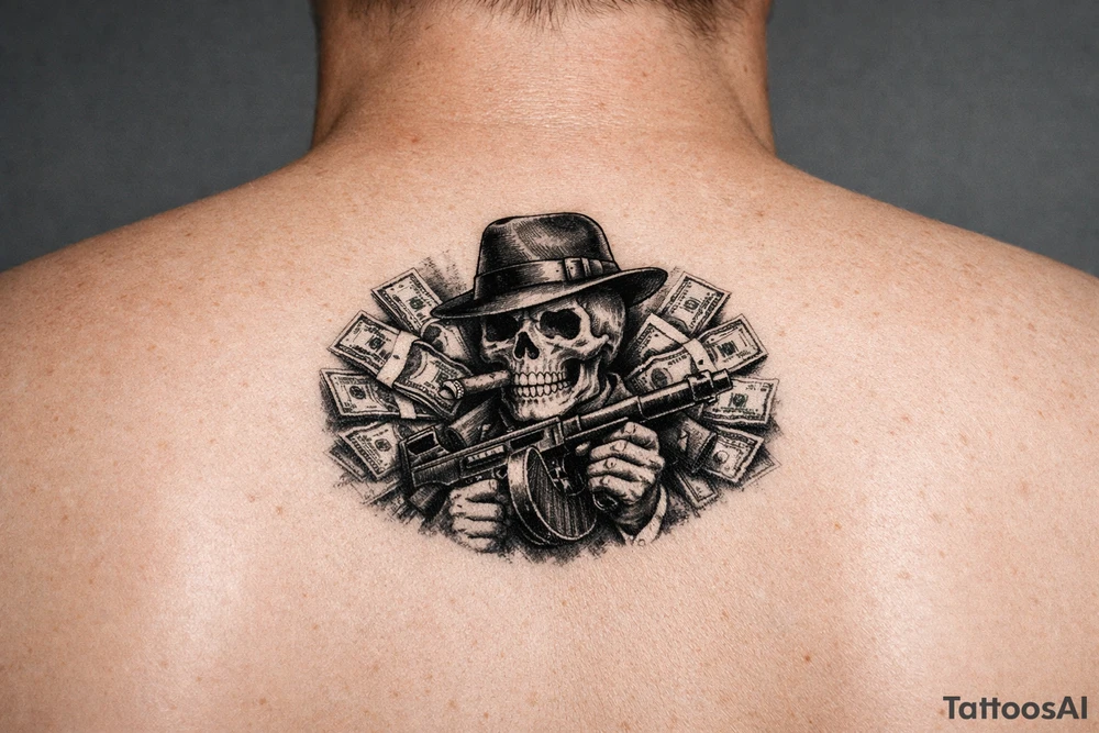 skull with cigar in his mouth,mafia-hat,machine-gun in his hands,surrounded by money. tattoo idea