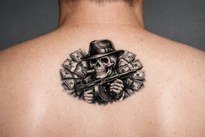 skull with cigar in his mouth,mafia-hat,machine-gun in his hands,surrounded by money. tattoo idea