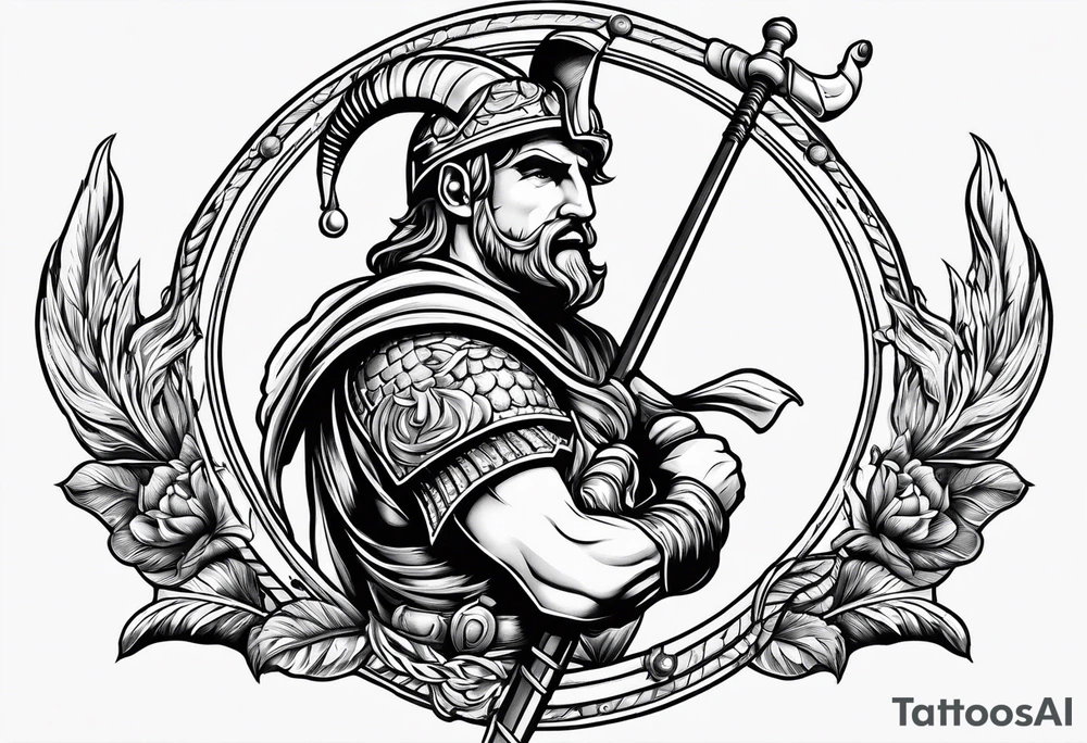 Roman soldier, ram's horns, fishing rod, floorball ball tattoo idea