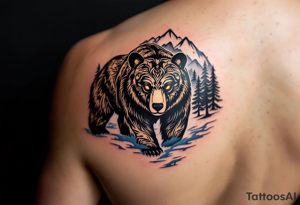 A powerful, majestic bear tattoo with a deep black and brown color palette. The bear is depicted in a standing position, symbolizing strength and protection, with intricate tribal patterns subtly etched along its body, representing its spiritual connection to the earth. The bear’s eyes glow soft golden to represent wisdom and insight. Around the bear, mountain peaks and pine trees form a natural, serene backdrop, while delicate blue mist rises from the ground, tattoo idea