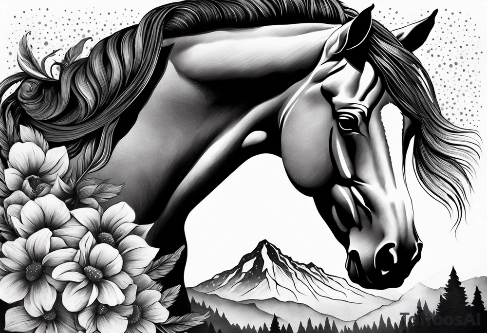 Wild horse, mountain background, feather, flowers, western tattoo idea