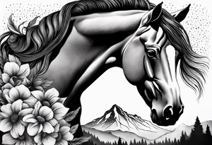 Wild horse, mountain background, feather, flowers, western tattoo idea