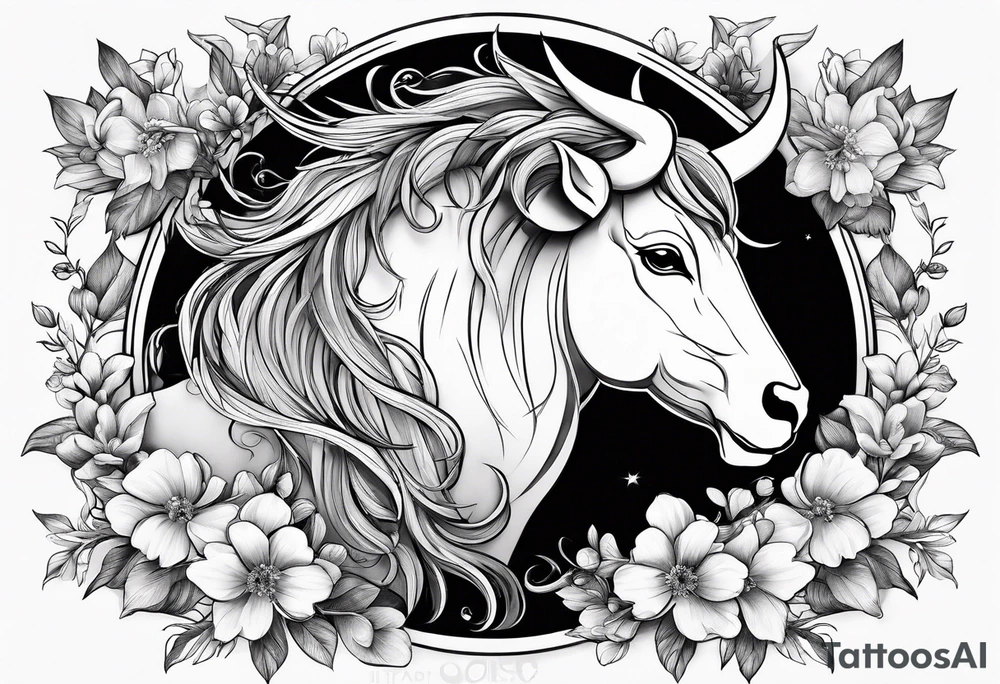 Taurus zodiac symbol intertwined with the Sagittarius zodiac symbol with delicate flowers tattoo idea