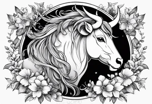 Taurus zodiac symbol intertwined with the Sagittarius zodiac symbol with delicate flowers tattoo idea
