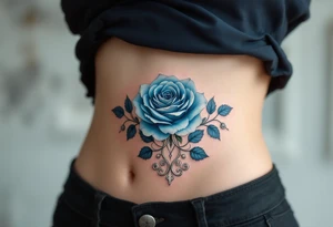 Blue rose in Art Nouveau frame, muted dusty blue petals with elegant, flowing metallic silver framing. tattoo idea