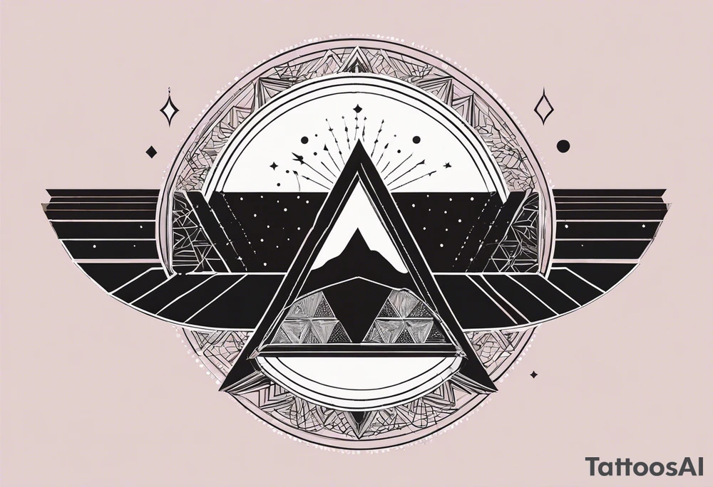 Geometric but feminine. Symbolic of connection, beauty in imperfection, femininity, duality within oneself, possibility, intuition, hope, joy, spirituality and resilience. Include double triangle, unclosed triangle (delta), triangle with black tip, crescent moon, unclosed circle completed with dots or broken line, hummingbird and swallow birds. tattoo idea