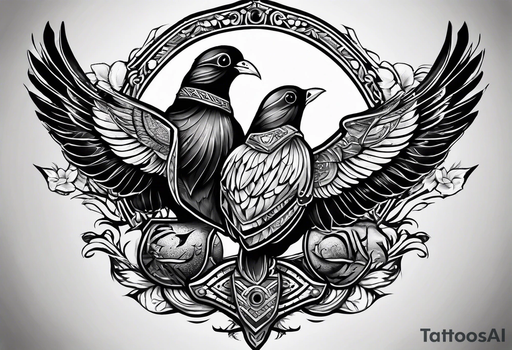 the name 'cassius rafiki mckenzie' written on a shield with a small dove and a bigger dove next to it tattoo idea