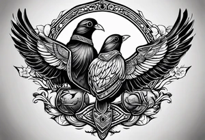 the name 'cassius rafiki mckenzie' written on a shield with a small dove and a bigger dove next to it tattoo idea