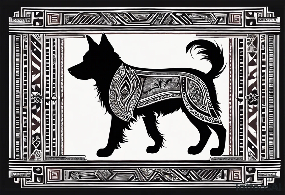 {
  "prompt": "Create a detailed tribal-style image of a dog for the back of a deck of cards. The dog should be depicted symmetrically, with intricate patterns made of bold lines and geometric shapes. Incorporate traditional tribal art elements, such as swirling motifs, detailed ornamentation, and dynamic, flowing lines to convey strength and mysticism. Ensure the overall composition is balanced and centered. The background should be simple, allowing the intricate design of the dog to stand out prominently and create a visually striking, powerful, and elegant design.",
  "size": "1024x1024"
} tattoo idea