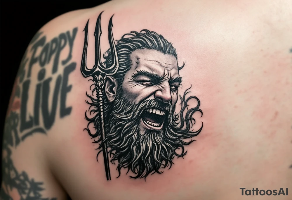 laughing poseidon, behind a trident, looking at his nose tattoo idea
