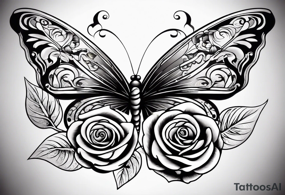 Butterfly flying with roses & filligree tattoo idea