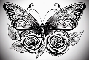 Butterfly flying with roses & filligree tattoo idea