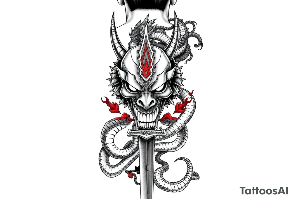 Back Tattoo with An Oni With a broken mask and a Sword, Dragons & snakes tattoo idea