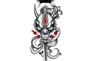 Back Tattoo with An Oni With a broken mask and a Sword, Dragons & snakes tattoo idea