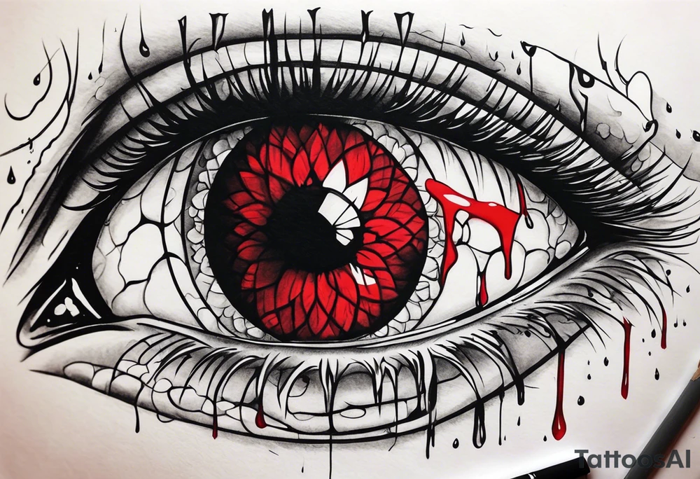Bleeding tear draining to down from red eye sleeve tattoo design tattoo idea