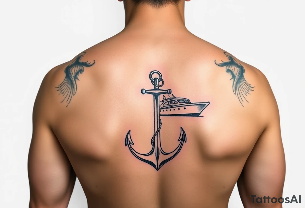 bold man with anchor and yacht
put on arm tattoo idea