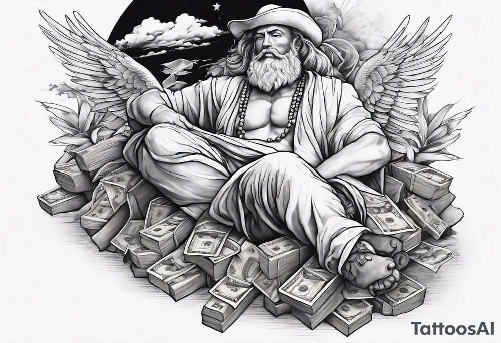 God on top representing god over everything, lower on the leg show things like money, drinking, something beachy, cards tattoo idea