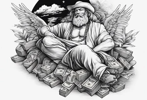 God on top representing god over everything, lower on the leg show things like money, drinking, something beachy, cards tattoo idea
