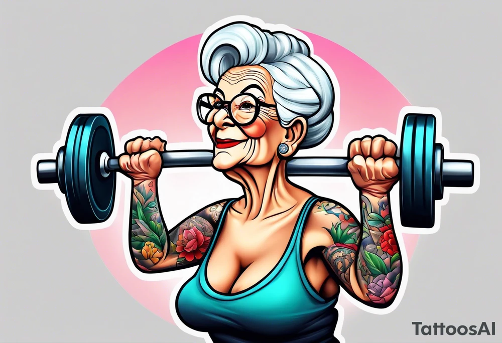 Strong old lady lifting weights. tattoo idea
