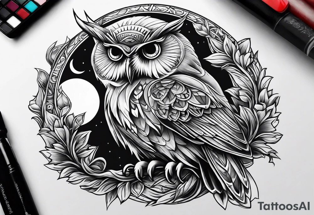 Owl with moon and cardinal tattoo idea