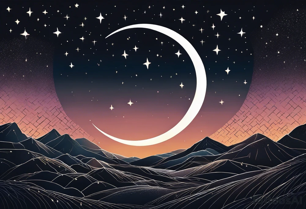 A crescent moon surrounded by the subtle glow of twilight, with faint stars in the background. The moon could have beams of light gently guiding the way forward, perhaps with a horizon line at the bottom. tattoo idea