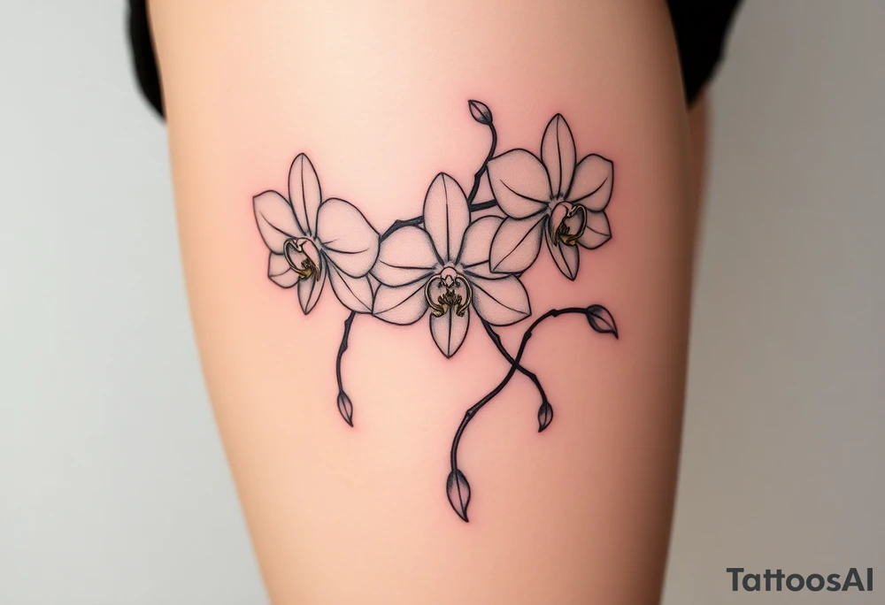 3 delicate fine line orchids realistic with a mix with vagina and branching tattoo idea
