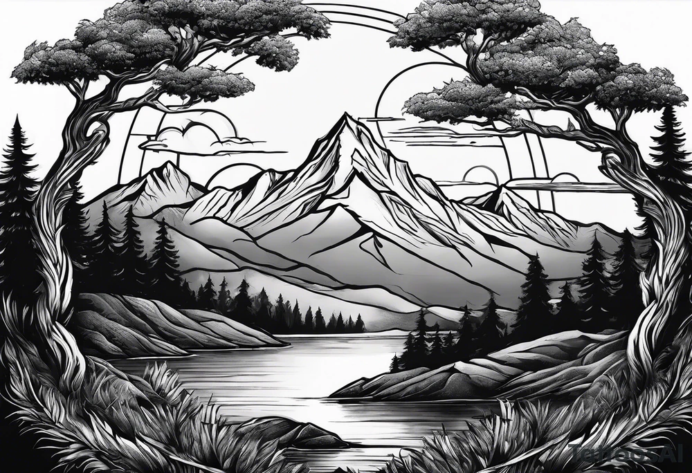 mountains and large trees and large sun tattoo idea