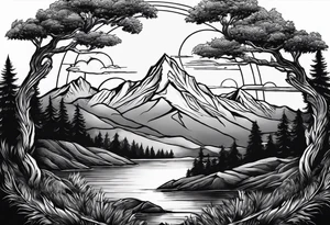 mountains and large trees and large sun tattoo idea