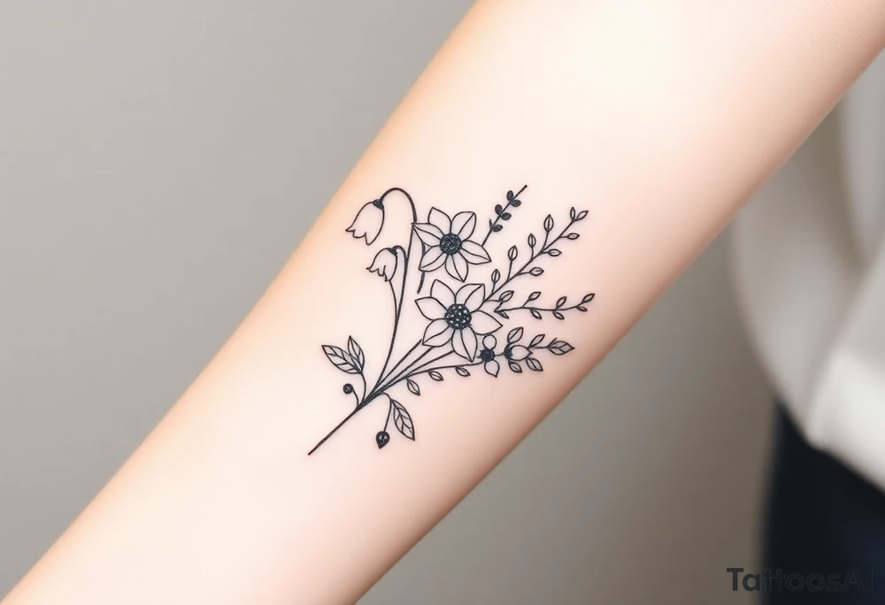 Bouquet of birth months flowers Lilly of the valley, daffodil, larkspur and Ilex aquifolium with berries tattoo idea