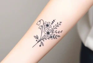 Bouquet of birth months flowers Lilly of the valley, daffodil, larkspur and Ilex aquifolium with berries tattoo idea