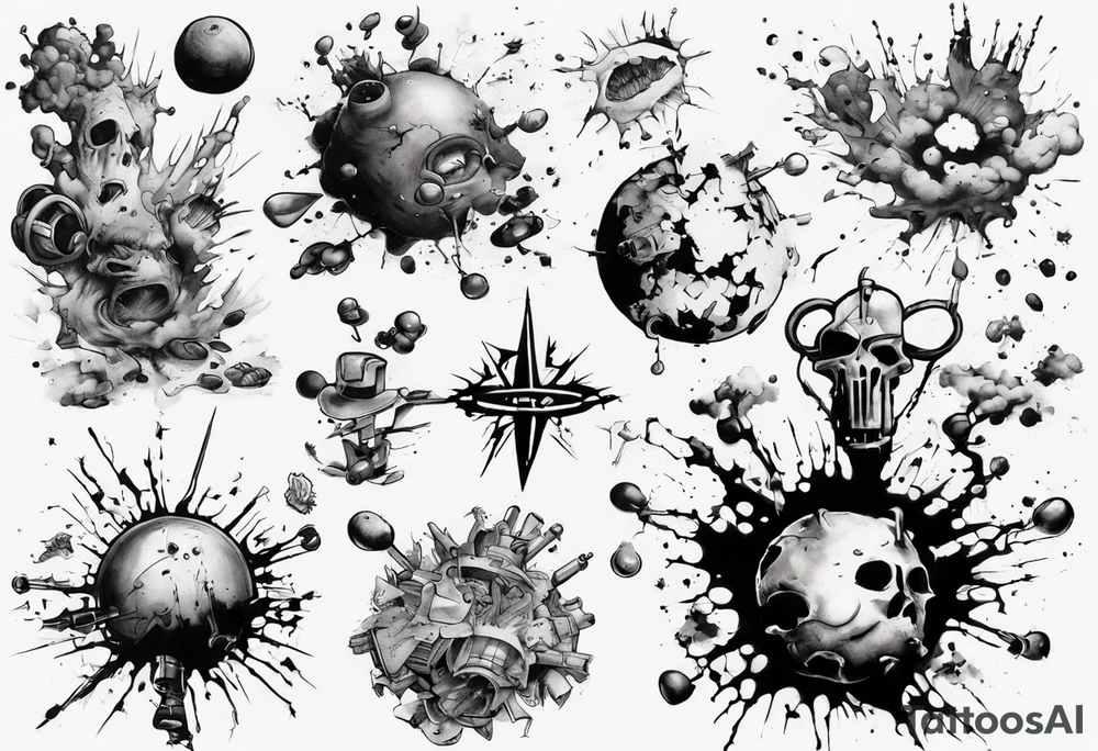 - blot 
- bomb
- atoms splitting
- beauty
- life at a small scale
- man against the world
- doom
- banksy tattoo idea