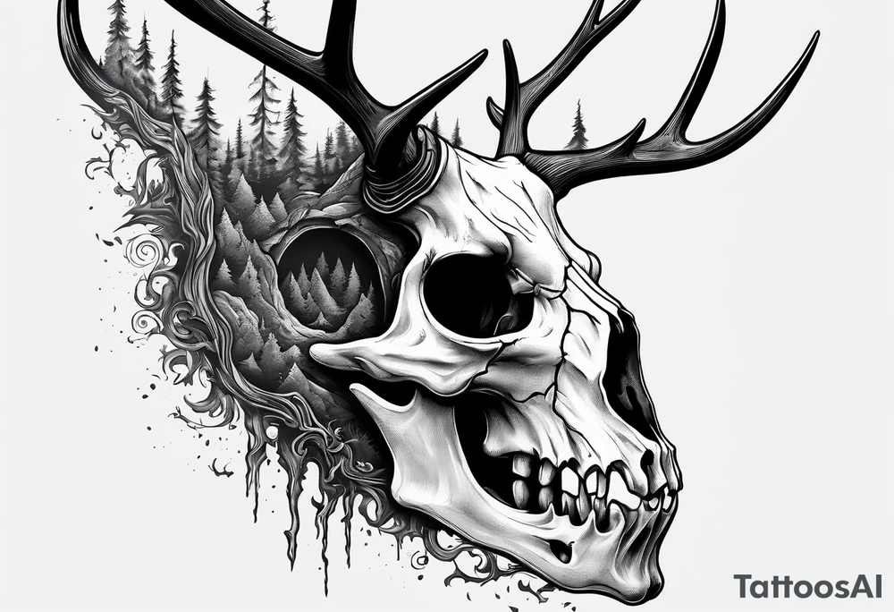 scary side view of a DECAYING deer skull JUST BONE surrounded by a forest fire in background tattoo idea
