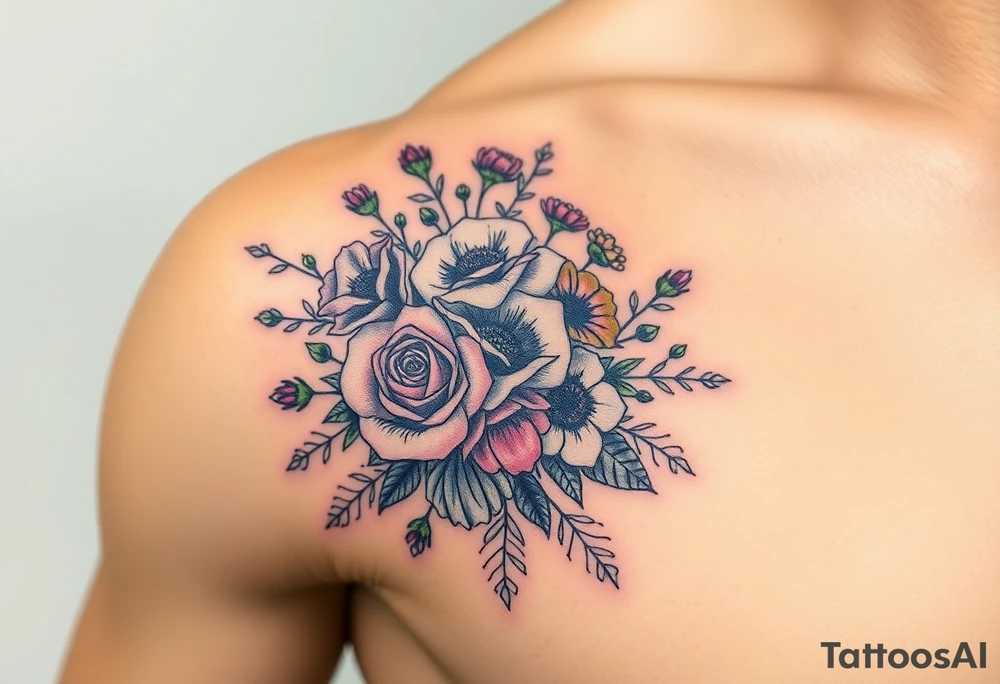 vintage bouquet of wild roses and meadow flowers with morning dew tattoo idea