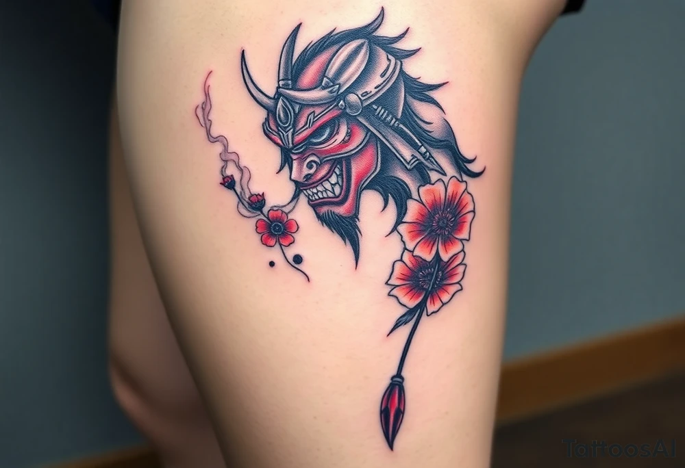 Rouge ronin with smoke coming out of its mouth with 11b tattooed under its left eye with 1 poppy on each side of the ronin tattoo idea