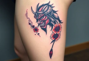 Rouge ronin with smoke coming out of its mouth with 11b tattooed under its left eye with 1 poppy on each side of the ronin tattoo idea