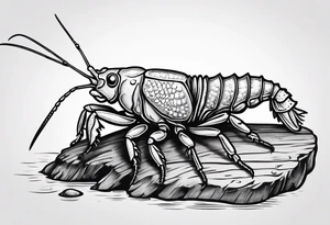 Crayfish with small body on a log with fish tattoo idea