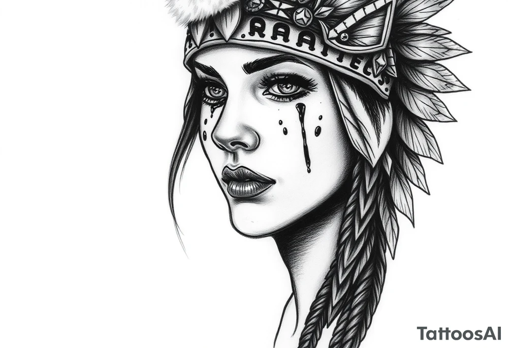 Beautiful Woman with battle scars and blood on face wearing bear headdress tattoo idea