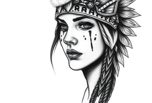 Beautiful Woman with battle scars and blood on face wearing bear headdress tattoo idea
