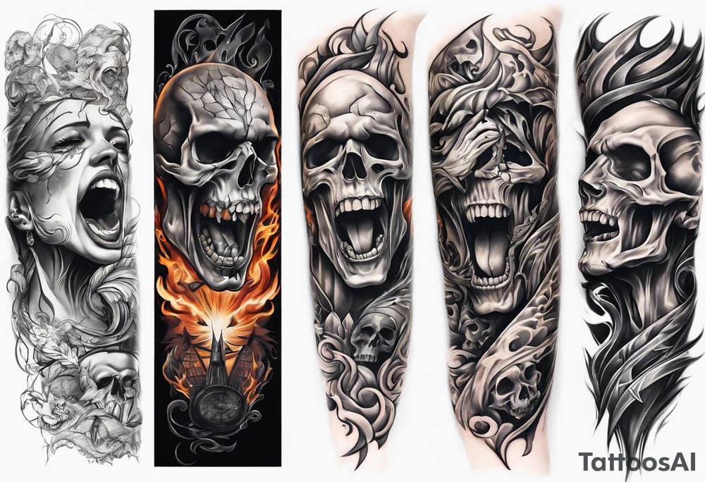 arm sleeve indicating pain, consisting of human arm bones and screaming faces tattoo idea