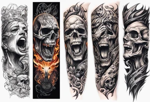 arm sleeve indicating pain, consisting of human arm bones and screaming faces tattoo idea