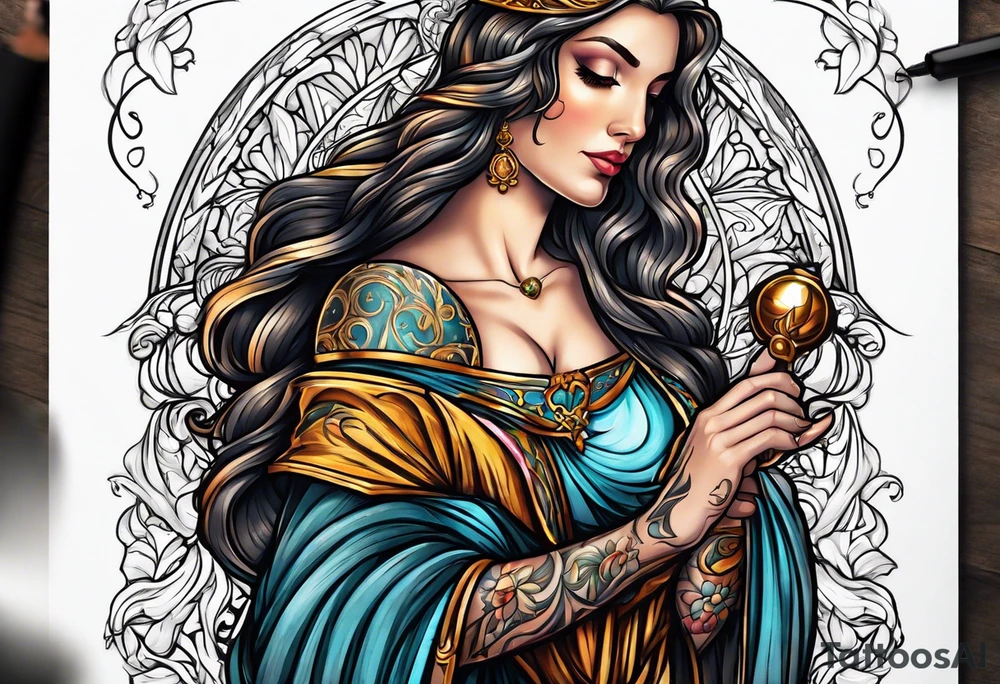 holy saint woman turned away
 holding a chalice tattoo idea