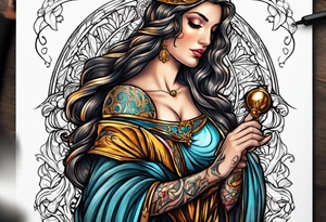holy saint woman turned away
 holding a chalice tattoo idea