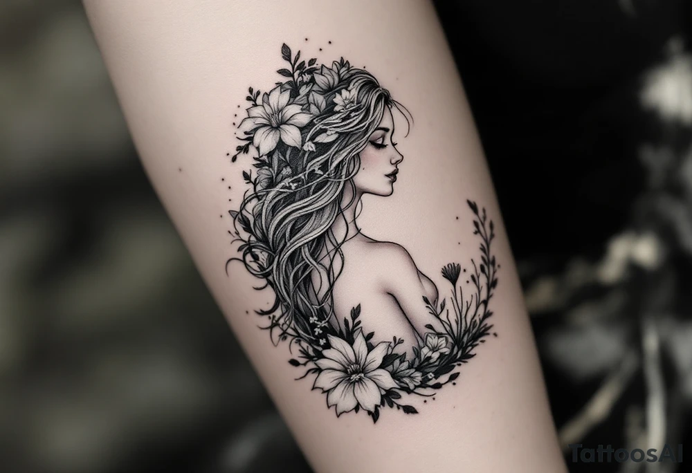 ethereal mermaid with flowing hair among coral and sea flowers tattoo idea
