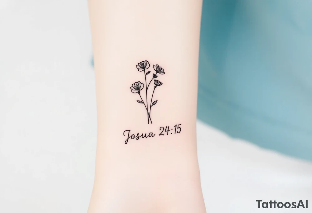 MINI BUNCH OF FLOWERS at the top, drawn in single-needle fine line

“Joshua 24:15” sits underneath in tiny, clean lettering

Vertical flow = elegant, feminine, and perfectly suited to the inner wrist

Overall height: ~5–7 cm (subtle, timeless, not heavy) tattoo idea