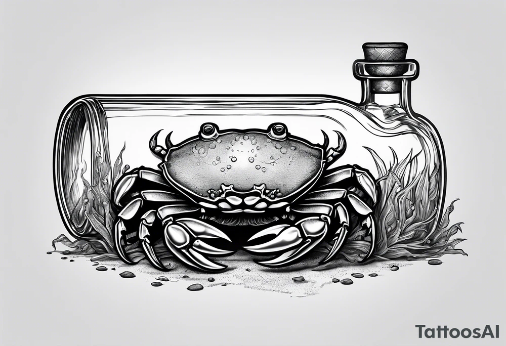 A message in a bottle with crab hanging on to the bottle. The bottle has a cork but is old looking. tattoo idea