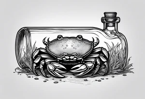 A message in a bottle with crab hanging on to the bottle. The bottle has a cork but is old looking. tattoo idea